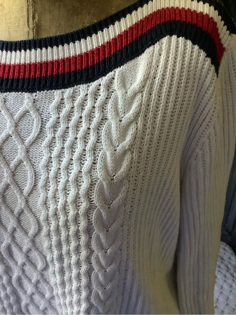 Tommy Hilfiger White Cable-Knit Sweater with Red & Navy Trim